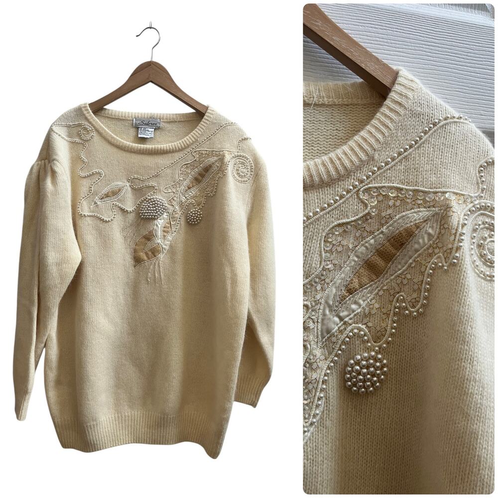 Vtg 80s Sabree 2X Cream Lambswool Blend Embellished Dolman Sleeve Knit Sweater